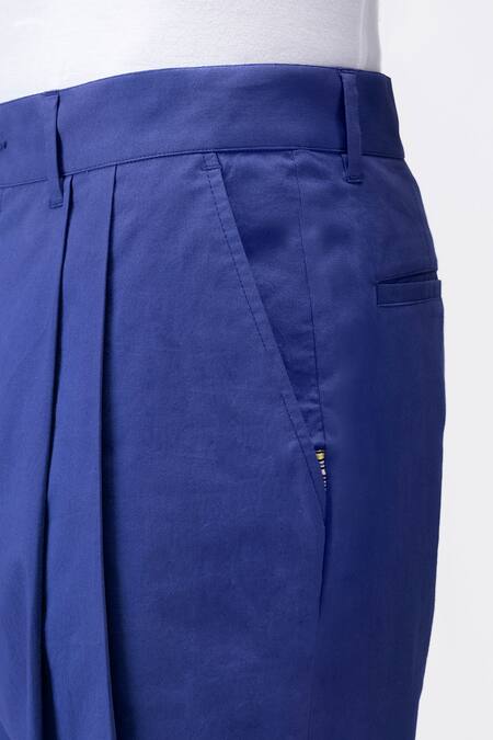 Shop Genes Lecoanet Hemant Blue Cotton Twill Plain Pleated Trouser Online at Aza Fashions Shop_Genes Lecoanet Hemant_Blue Cotton Twill Plain Pleated Trouser _Online_at_Aza_Fashions