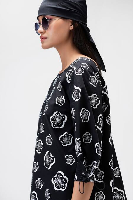 Shop_Genes Lecoanet Hemant_Black Cotton, Poplin Embroidery Round Neck Floral Blossom Print Top _Online_at_Aza_Fashions