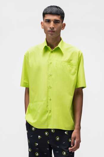 Genes Lecoanet Hemant_Green Cotton Plain Asymmetric Pocket Placement Shirt_Online_at_Aza_Fashions