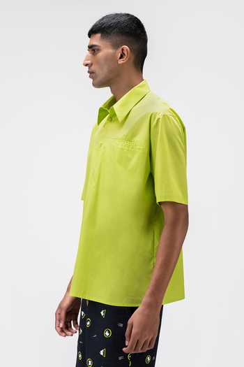 Buy_Genes Lecoanet Hemant_Green Cotton Plain Asymmetric Pocket Placement Shirt_Online_at_Aza_Fashions