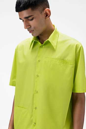 Shop_Genes Lecoanet Hemant_Green Cotton Plain Asymmetric Pocket Placement Shirt_Online_at_Aza_Fashions