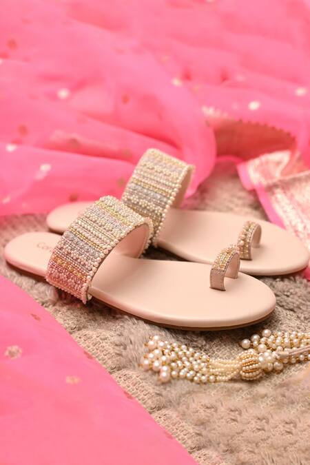 Coral Haze_Beige Ishana Embroidered Toe Ring Flats _Online_at_Aza_Fashions