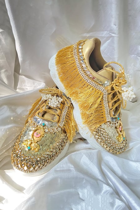 Buy_Chal Jooti_Gold Bagh-e-nilofar Embellished Wedding Sneakers _Online_at_Aza_Fashions