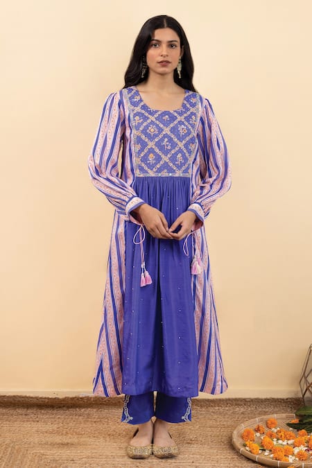 Pita Nila_Purple Chanderi, Silk Organza, Cotton Kira Printed Gathered Kurta Set _Online_at_Aza_Fashions