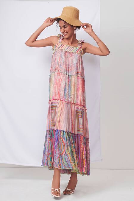 Buy_Saundh_Multi Color Cotton Square Neck Geode Abstract Print Tiered Dress _Online_at_Aza_Fashions