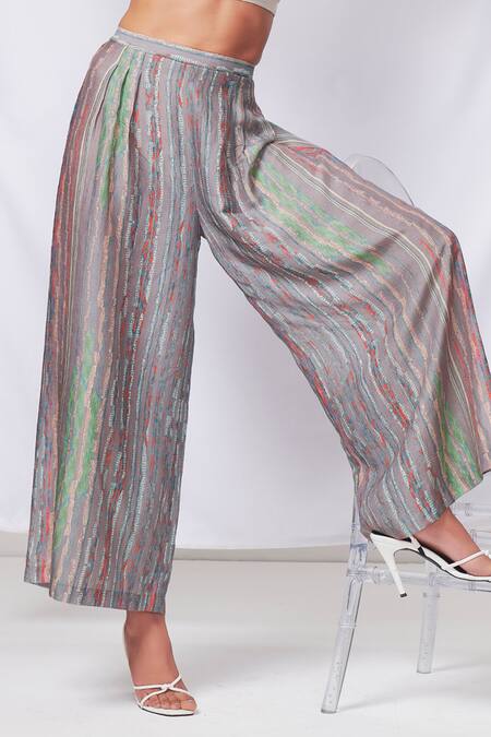 Saundh_Multi Color Raw Silk Printed Abstract Palazzo_Online_at_Aza_Fashions
