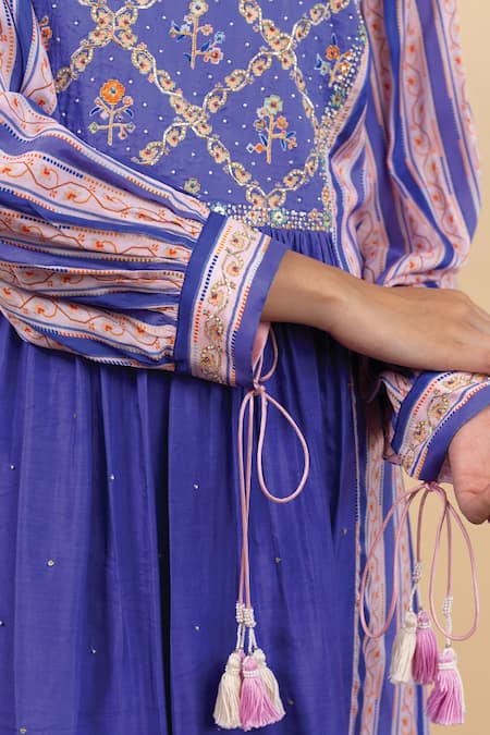 Buy_Pita Nila_Purple Chanderi, Silk Organza, Cotton Kira Printed Gathered Kurta Set _Online_at_Aza_Fashions