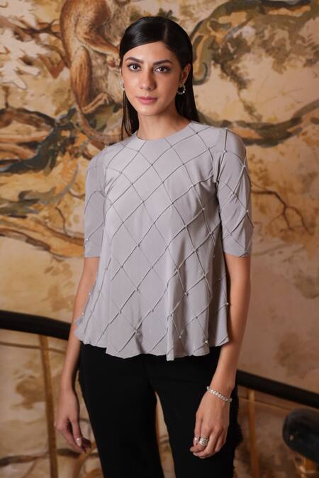 Label Ruhbab_Grey Silk, Viscose Crystals Round Neck Embroidered Crepe Top _Online_at_Aza_Fashions