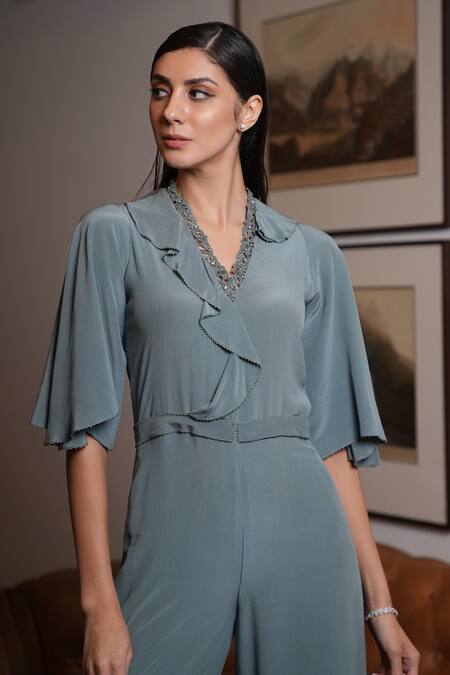 Label Ruhbab Green Silk, Viscose Crystals, Beads, Cut Embroidered Neckline Crepe Jumpsuit Online at Aza Fashions Label Ruhbab_Green Silk, Viscose Crystals, Beads, Cut Embroidered Neckline Crepe Jumpsuit _Online_at_Aza_Fashions