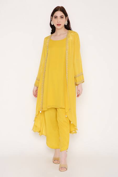 Bha Sha Yellow Georgette, Crepe Beads, Lakshika Sleeve Embroidered Jacket Pant Set Online at Aza Fashions Bha Sha_Yellow Georgette, Crepe Beads, Lakshika Sleeve Embroidered Jacket Pant Set _Online_at_Aza_Fashions