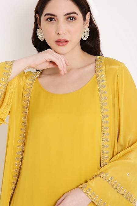 Shop Bha Sha Yellow Georgette, Crepe Beads, Lakshika Sleeve Embroidered Jacket Pant Set Online at Aza Fashions Shop_Bha Sha_Yellow Georgette, Crepe Beads, Lakshika Sleeve Embroidered Jacket Pant Set _Online_at_Aza_Fashions