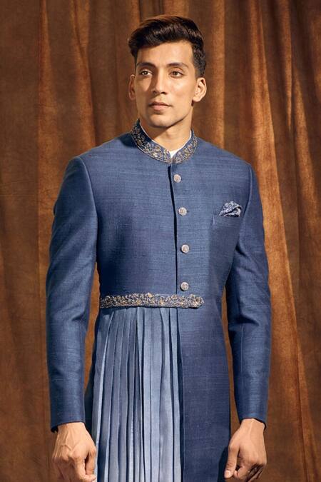 Buy_More Mischief_Blue Silk Embroidery Floral Bandhgala_Online_at_Aza_Fashions