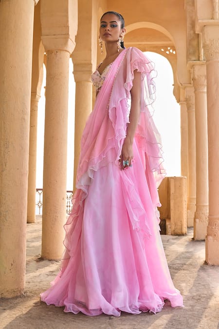 Shop_Lashkaraa_Pink Chiffon, Satin, Velvet Sequins, Beads, Cut Ruffle Trim Pre-draped Saree Set _Online_at_Aza_Fashions