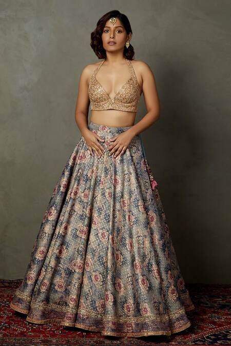 RI.Ritu Kumar_Grey Silk, Polyester Embroidery, Zari Halter Hasika Floral Print Lehenga Set _Online_at_Aza_Fashions