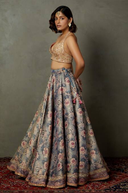 Buy_RI.Ritu Kumar_Grey Silk, Polyester Embroidery, Zari Halter Hasika Floral Print Lehenga Set _Online_at_Aza_Fashions