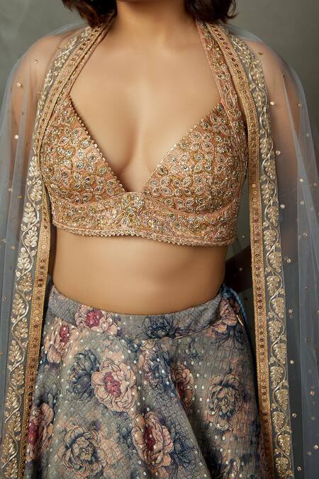 RI.Ritu Kumar_Grey Silk, Polyester Embroidery, Zari Halter Hasika Floral Print Lehenga Set _at_Aza_Fashions