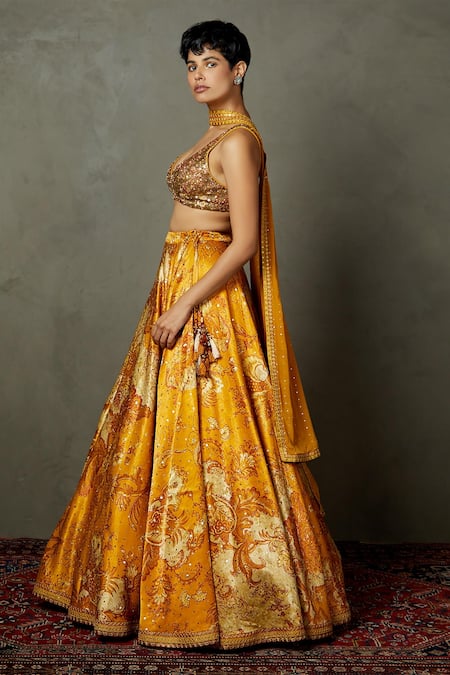 RI.Ritu Kumar Yellow Silk, Viscose Sequins V-neck Kylie Floral Embroidered Lehenga Set Online at Aza Fashions RI.Ritu Kumar_Yellow Silk, Viscose Sequins V-neck Kylie Floral Embroidered Lehenga Set _Online_at_Aza_Fashions