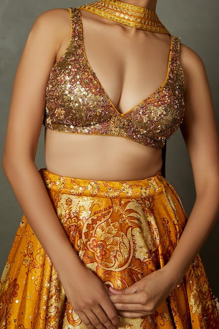 Shop RI.Ritu Kumar Yellow Silk, Viscose Sequins V-neck Kylie Floral Embroidered Lehenga Set Online at Aza Fashions Shop_RI.Ritu Kumar_Yellow Silk, Viscose Sequins V-neck Kylie Floral Embroidered Lehenga Set _Online_at_Aza_Fashions
