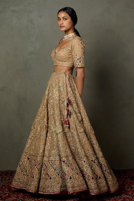 RI.Ritu Kumar_Peach Polyester Embroidery Zardozi Sweetheart Neck Dakshi Bridal Lehenga Set _Online_at_Aza_Fashions