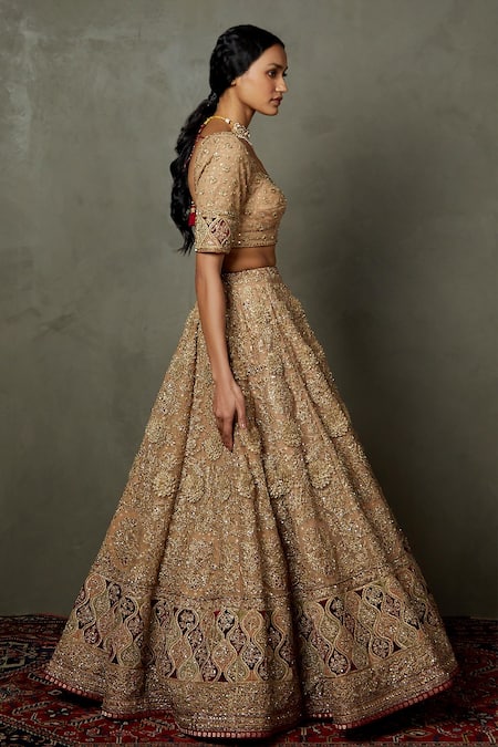 Buy_RI.Ritu Kumar_Peach Polyester Embroidery Zardozi Sweetheart Neck Dakshi Bridal Lehenga Set _Online_at_Aza_Fashions