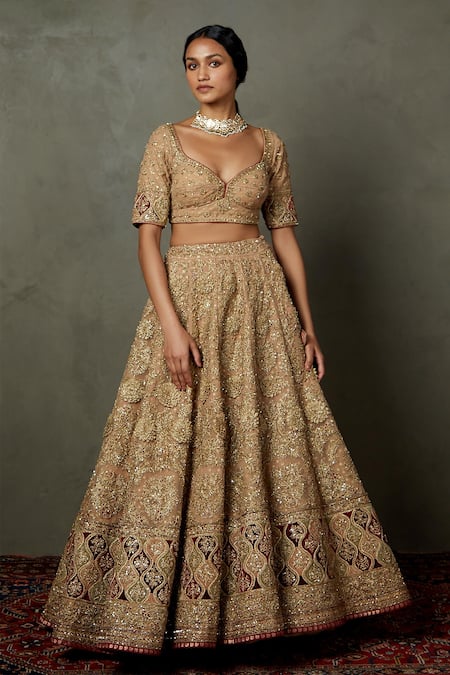Shop_RI.Ritu Kumar_Peach Polyester Embroidery Zardozi Sweetheart Neck Dakshi Bridal Lehenga Set _Online_at_Aza_Fashions
