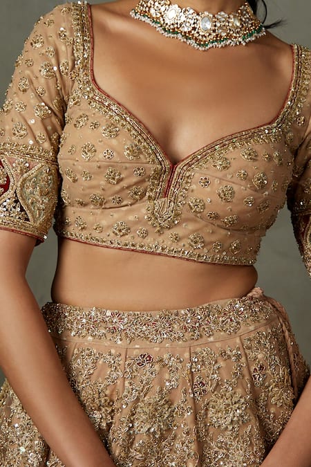 RI.Ritu Kumar_Peach Polyester Embroidery Zardozi Sweetheart Neck Dakshi Bridal Lehenga Set _at_Aza_Fashions