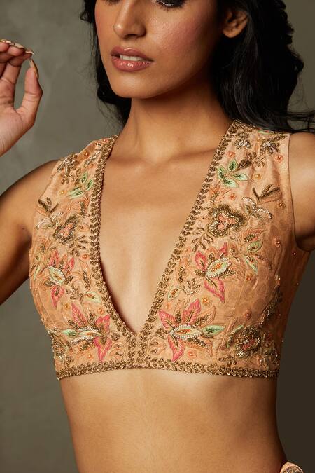 RI.Ritu Kumar_Peach Polyester, Net, Silk Embroidery, Beads Floral Print Aari Work Lehenga Set _at_Aza_Fashions