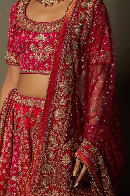 RI.Ritu Kumar_Fuchsia Silk Satin, Polyester Jaya Floral Zardozi Bridal Lehenga Set _Online_at_Aza_Fashions