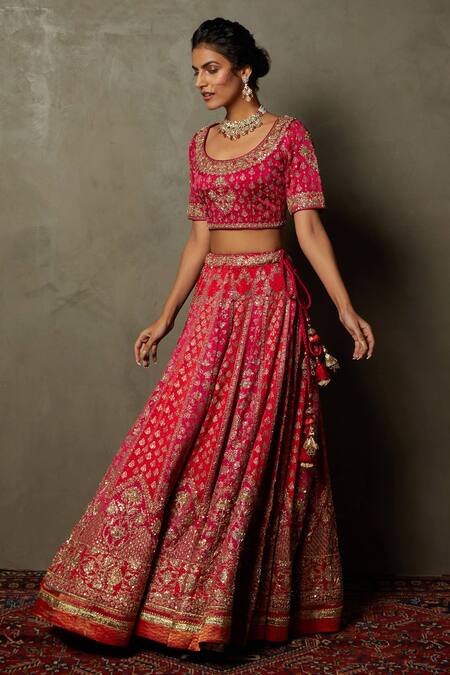 Buy_RI.Ritu Kumar_Fuchsia Silk Satin, Polyester Jaya Floral Zardozi Bridal Lehenga Set _Online_at_Aza_Fashions