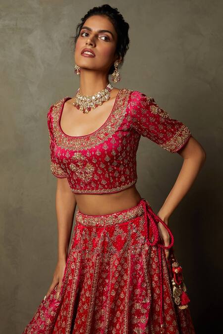 Shop_RI.Ritu Kumar_Fuchsia Silk Satin, Polyester Jaya Floral Zardozi Bridal Lehenga Set _Online_at_Aza_Fashions