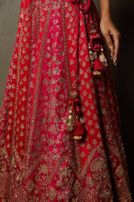 RI.Ritu Kumar_Fuchsia Silk Satin, Polyester Jaya Floral Zardozi Bridal Lehenga Set _at_Aza_Fashions