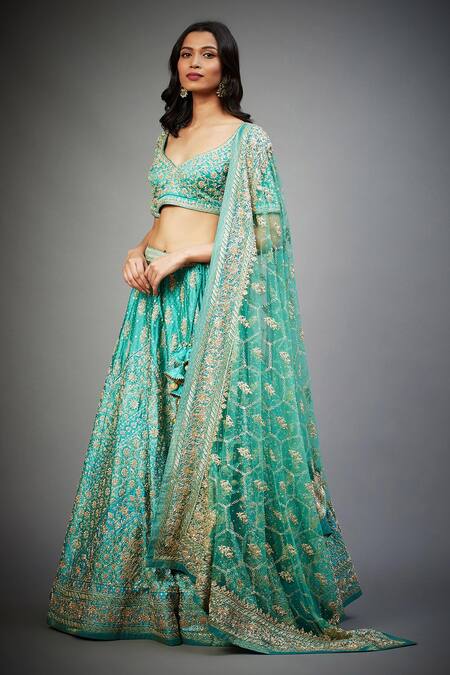 RI.Ritu Kumar_Green Blouse And Lehenga Silk Satin & Dupatta Tania Floral Bridal Set _Online_at_Aza_Fashions
