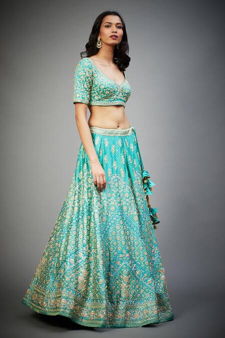 Buy_RI.Ritu Kumar_Green Blouse And Lehenga Silk Satin & Dupatta Tania Floral Bridal Set _Online_at_Aza_Fashions