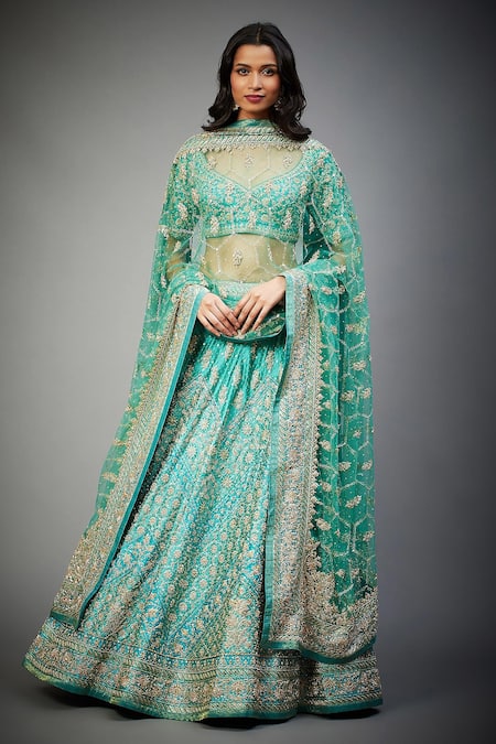 Shop_RI.Ritu Kumar_Green Blouse And Lehenga Silk Satin & Dupatta Tania Floral Bridal Set _Online_at_Aza_Fashions