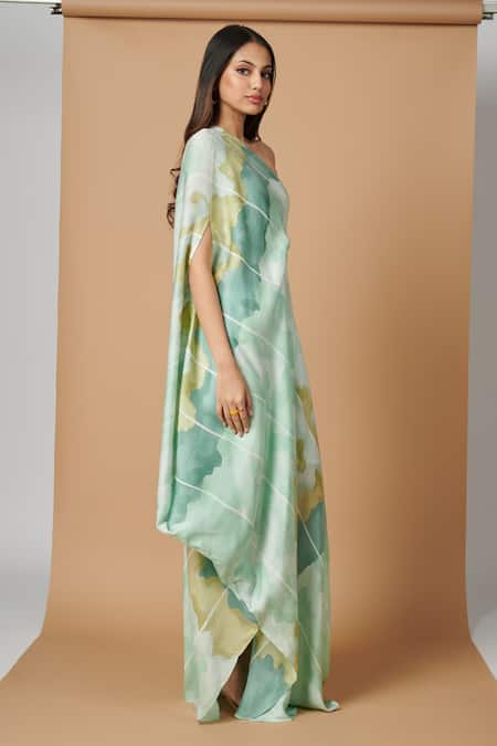 Buy_Vedika M_Green Satin Abstract Pattern One Shoulder Printed Draped Dress _Online_at_Aza_Fashions