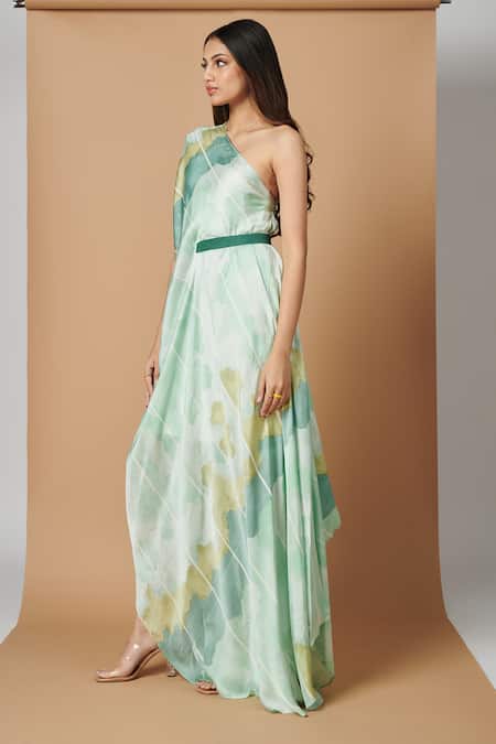 Shop_Vedika M_Green Satin Abstract Pattern One Shoulder Printed Draped Dress _Online_at_Aza_Fashions
