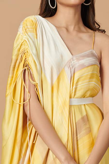 Vedika M_Yellow Satin Abstract Pattern Asymmetric Neck Print V Draped Dress _Online_at_Aza_Fashions