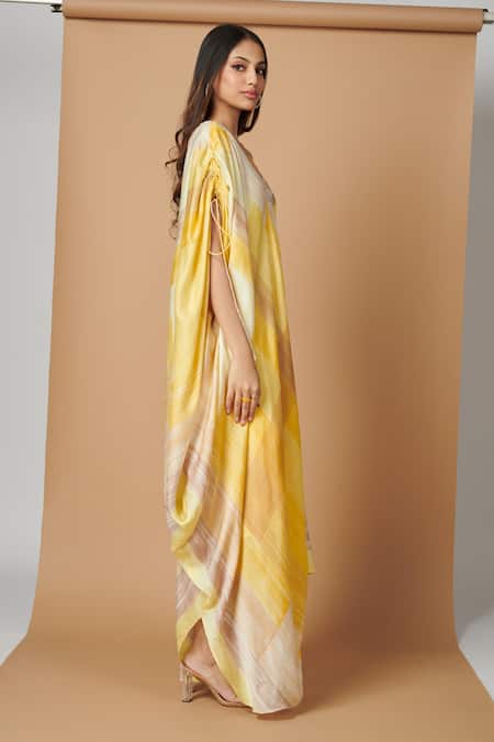Buy_Vedika M_Yellow Satin Abstract Pattern Asymmetric Neck Print V Draped Dress _Online_at_Aza_Fashions