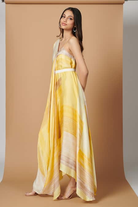 Shop_Vedika M_Yellow Satin Abstract Pattern Asymmetric Neck Print V Draped Dress _Online_at_Aza_Fashions