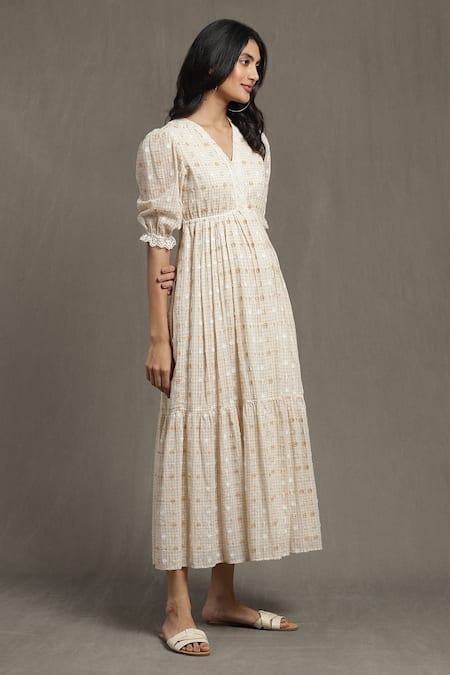 Buy_Ritu Kumar_Beige Cotton Ruffles V-neck Geometric Woven Puff Sleeve Midi Dress_Online_at_Aza_Fashions