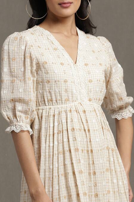 Shop_Ritu Kumar_Beige Cotton Ruffles V-neck Geometric Woven Puff Sleeve Midi Dress_Online_at_Aza_Fashions