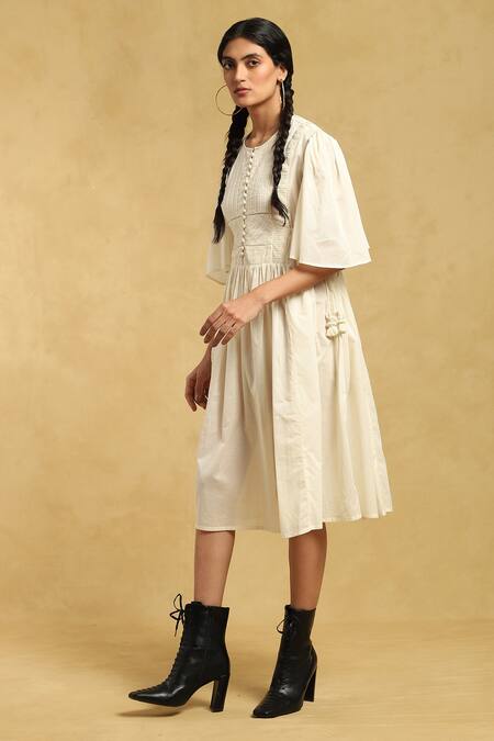 Ritu Kumar_Off White Cotton Round Neck Midi Dress_Online_at_Aza_Fashions