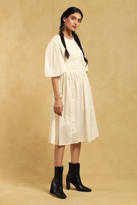 Buy_Ritu Kumar_Off White Cotton Round Neck Midi Dress_Online_at_Aza_Fashions