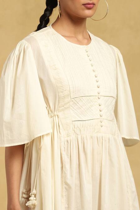 Shop_Ritu Kumar_Off White Cotton Round Neck Midi Dress_Online_at_Aza_Fashions