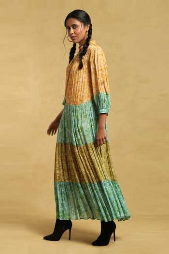 Ritu Kumar_Green Viscose Round Neck Floral Print Tiered Dress_Online_at_Aza_Fashions