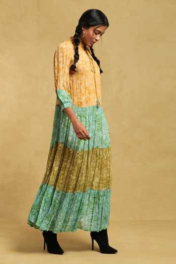 Buy_Ritu Kumar_Green Viscose Round Neck Floral Print Tiered Dress_Online_at_Aza_Fashions