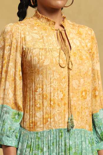 Shop_Ritu Kumar_Green Viscose Round Neck Floral Print Tiered Dress_Online_at_Aza_Fashions
