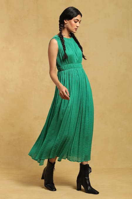 Buy_Ritu Kumar_Green Crepe Round Neck Cinched Waist Midi Dress_Online_at_Aza_Fashions