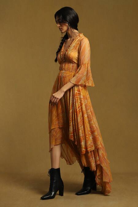 Ritu Kumar_Orange Viscose, Chiffon V-neck Leafy Print Layered Dress_Online_at_Aza_Fashions