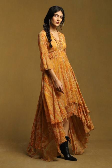 Buy_Ritu Kumar_Orange Viscose, Chiffon V-neck Leafy Print Layered Dress_Online_at_Aza_Fashions